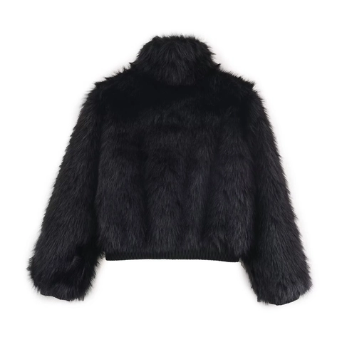 Chaqueta de Piel Sintética Chic de Otoño Invierno para Mujer Elegante Cuello Alto Manga Larga Cremallera Corta Abrigo Cálido