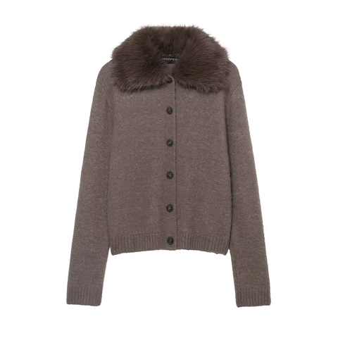 Women Elegant Faux Fur Collar Knit Cardigan Turn-down Collar Long Sleeve Solid Color Warm Sweater Top Autumn Winter