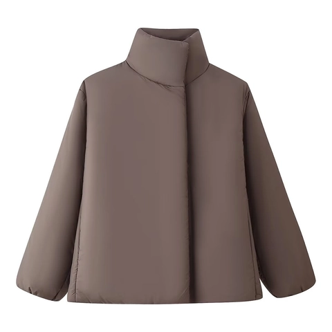 Women Casual Stand Collar Long Sleeve Puffer Jacket Loose Hidden Button Solid Color Warm Winter Cotton Padded Coat Outwear