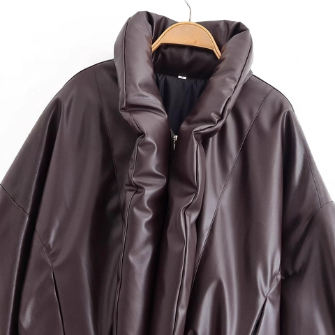 Women Casual PU Leather Padded Jacket Stand Collar Zipper Oversized Solid Brown Warm Winter Quilted Outerwear Short Coat