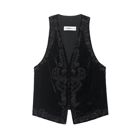 Women Retro Velvet Vest Embroidery Paisley Floral V Neck Single Breasted Sleeveless Waistcoat Streetwear Party Top Black