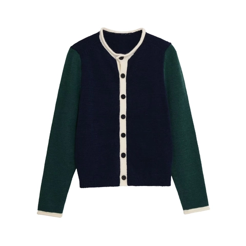 Cardigan en Tricot Contrasté Rétro pour Femmes Col Rond Manches Longues Simple Boutonnage Pull Manteau Haut
