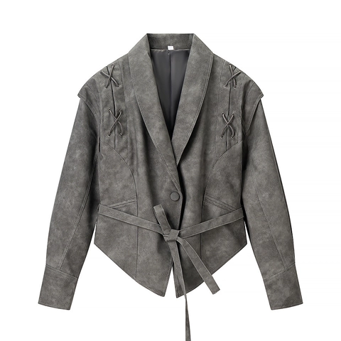 Chaqueta de Cuero de Gamuza Sintética para Mujer Ropa de Abrigo Corta Street Style Cordones Cruzados con Cinturón Gris Chaqueta Biker