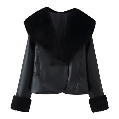 Giacca in Ecopelle da Donna con Collo e Polsini in Pelliccia Sintetica Patchwork Streetwear Nero Autunno Inverno Caldo Cappotto Corto Largo