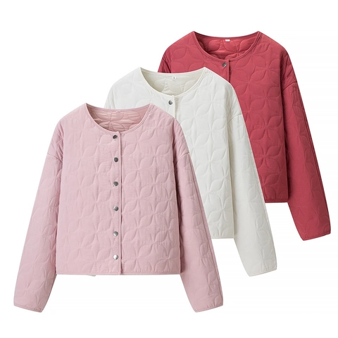 Women Casual Floral Quilted Jacket Crew Neck Single Breasted Cotton Padded Coat Autumn Winter Lightweight Outerwear Top