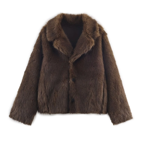 Women Faux Fur Coat Winter Warm Lapel Long Sleeve Button Solid Color Streetwear Outerwear Fashion Deep Brown Jacket