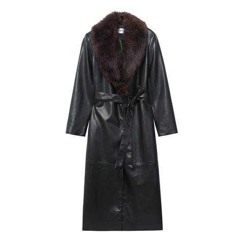 Damen Kunstleder Langmantel Mit Abnehmbarem Pelzkragen Gürtel PU Lederjacke Einreihig Winter Warmer Trenchcoat