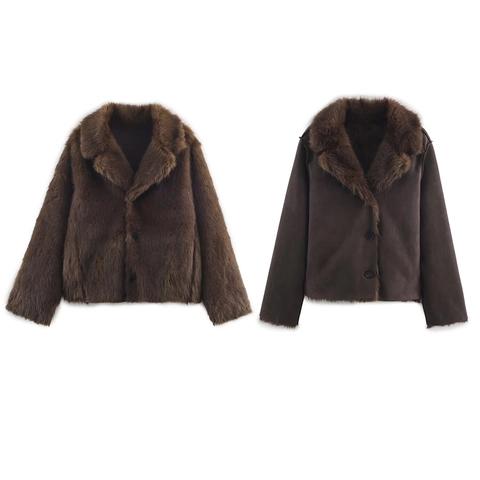 Giacca in Pelliccia Sintetica da Donna Invernale Calda Revers Cappotto Corto Streetwear Casual Marrone Scuro