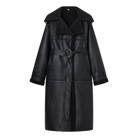Cappotto Lungo da Donna Casual in Pelle Sintetica Effetto Montone Nero PU con Cintura Spessa Giacca Streetwear Invernale