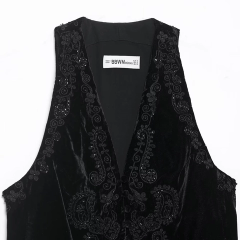 Women Retro Velvet Vest Embroidery Paisley Floral V Neck Single Breasted Sleeveless Waistcoat Streetwear Party Top Black