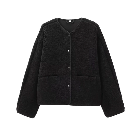 Women Crew Neck Fleece Jacket Single Breasted Warm Teddy Coat Long Sleeve Sherpa Outerwear With Pockets