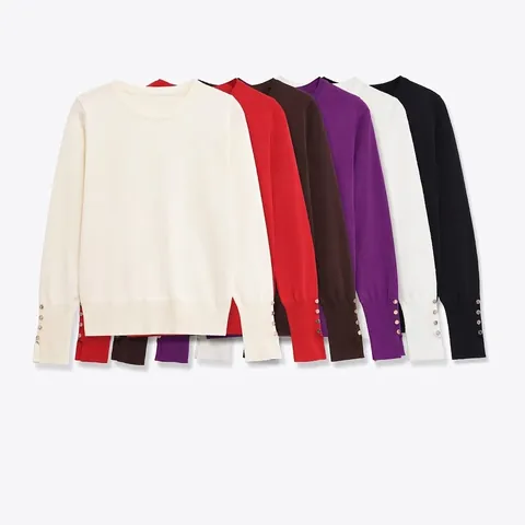 Dames Casual Ronde Hals Breigoed Pullover Trui Met Gouden Knopen Op De Manchetten Lange Mouwen Effen Kleur Herfst Winter Top