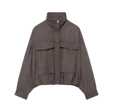 Damen Casual Fischgräten Bomberjacke Oversize Stehkragen Kurzer Mantel Winter Warme Gewebte Jacke Mit Cargo Taschen