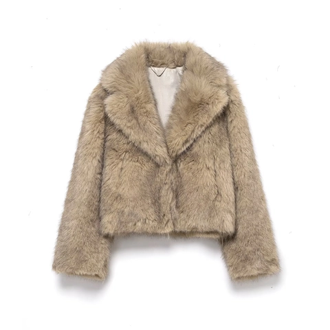 Women Faux Fur Short Coat Lapel Long Sleeve Winter Warm Jacket Streetwear Khaki Outwear Solid Color Plush Coat For Ladies