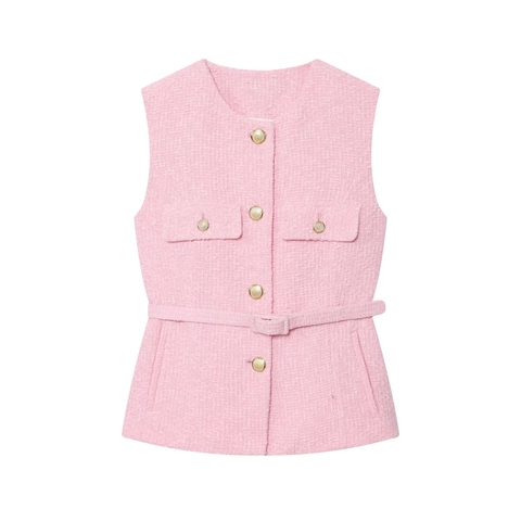 Chaleco de Tweed Casual para Mujer Cuello Redondo Chaqueta Sin Mangas Con Cinturón Botones Color Sólido Otoño