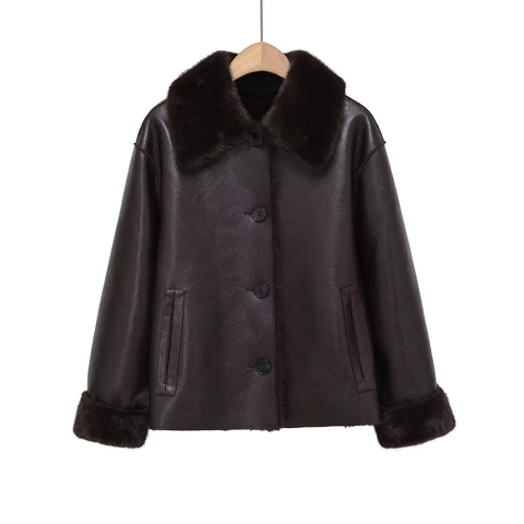 Women Vintage Faux Fur Leather Shearling Jacket Oversized Lapel Single Breasted Warm Winter Coat With Pockets Outwear