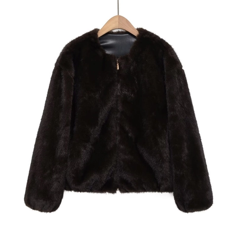 Chaqueta de Piel Sintética para Mujer Cuello Redondo Cremallera Abrigo Invierno Otoño Color Sólido Manga Larga Informal Streetwear