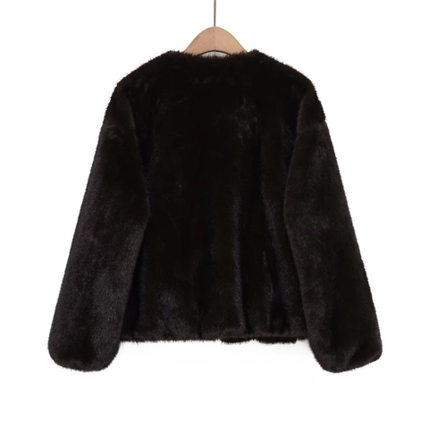 Chaqueta de Piel Sintética para Mujer Cuello Redondo Cremallera Abrigo Invierno Otoño Color Sólido Manga Larga Informal Streetwear