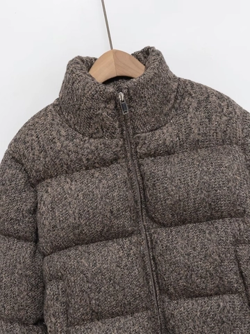 Damen Casual Strick Tweed Look Steppjacke Stehkragen Warm Verdickte Gesteppte Baumwolle Oberbekleidung Braun Mix Wintermantel