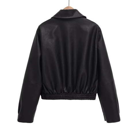 Fashion Women PU Leather Jacket Long Sleeve Flip Collar Solid Color Streetwear Outerwear For Autumn Winter Casual Coat