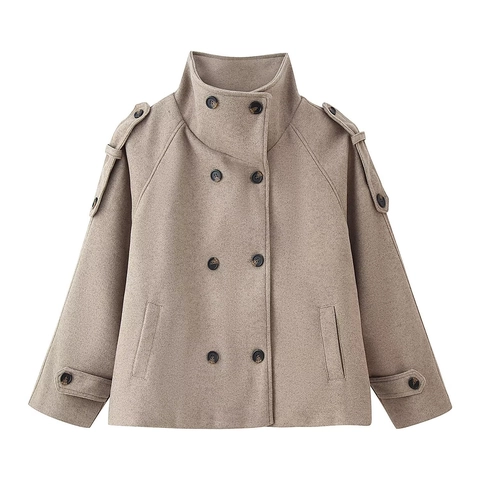 Dames Mode Staande Kraag Double Breasted Korte Wollen Jas Jack Effen Kleur Khaki Lange Mouw Bovenkleding Met Epauletten