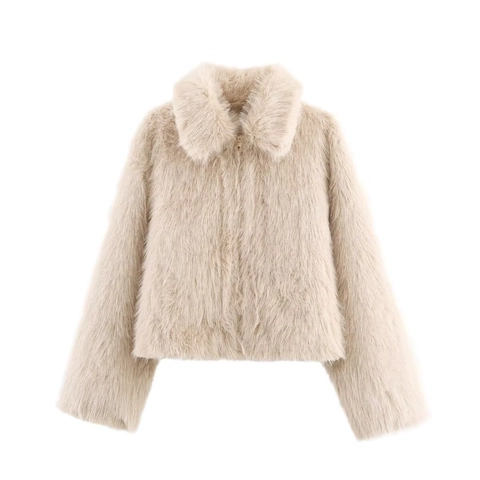 Women Faux Fur Short Jacket Lapel Collar Zipper Warm Outerwear Solid Color Long Sleeve Fashion Streetwear Autumn Winter Coat