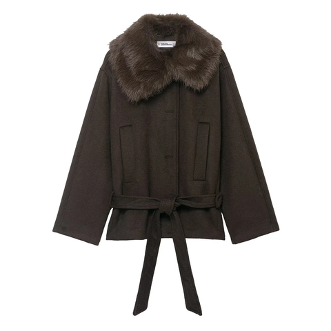 Women's Faux Fur Collar Woolen Style Coat Deep Brown Mid-Length Outerwear With Tie Belt Casual Elegant Winter Jacket