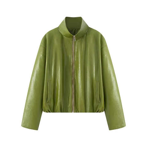 Damen Avocadogrün PU Lederjacke und Schlauch Minikleid Set Casual Einfarbig Lockerer Street Fashion Outfit