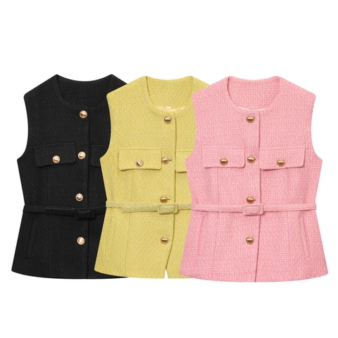 Chaleco de Tweed Casual para Mujer Cuello Redondo Chaqueta Sin Mangas Con Cinturón Botones Color Sólido Otoño