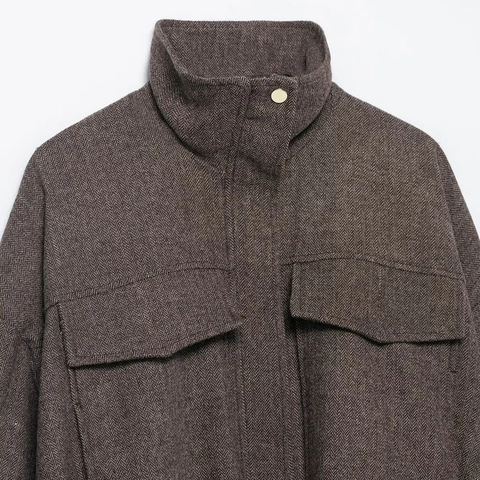 Damen Casual Fischgräten Bomberjacke Oversize Stehkragen Kurzer Mantel Winter Warme Gewebte Jacke Mit Cargo Taschen