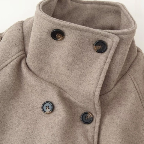 Dames Mode Staande Kraag Double Breasted Korte Wollen Jas Jack Effen Kleur Khaki Lange Mouw Bovenkleding Met Epauletten