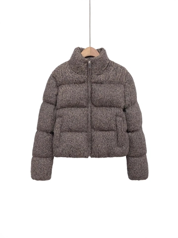 Damen Casual Strick Tweed Look Steppjacke Stehkragen Warm Verdickte Gesteppte Baumwolle Oberbekleidung Braun Mix Wintermantel