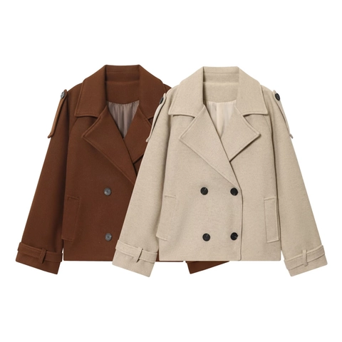 Dames Mode Double Breasted Jas in Wollook Elegante Revers Korte Jas Met Schouderstukken Effen Kleur Herfst Bovenkleding