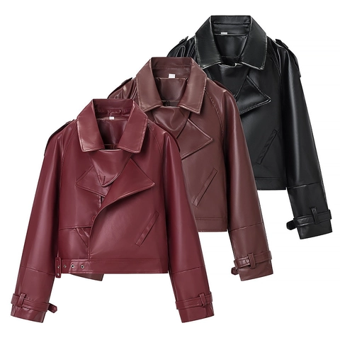 Women Casual PU Leather Biker Jacket Fashion Streetwear Lapel Zipper Solid Color Short Outerwear With Belt For Autumn Winter