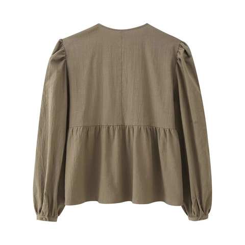 Women Vintage Olive Green Embroidery Blouse Round Neck Puff Sleeve Casual Floral Ethnic Boho Shirt Elegant Ladies Top