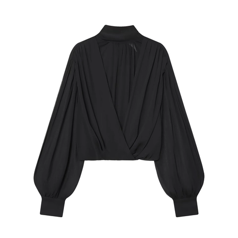 Elegant Women Chiffon Blouse Bow Tie Stand Collar Lantern Sleeve Pleated Wrap Top Solid Color Casual Office Commute Wear Lady