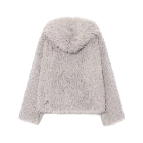 Giacca da Donna in Pelliccia Sintetica con Cappuccio Autunno Inverno Moda Grigio Chiaro Cappotto Corto Caldo Streetwear
