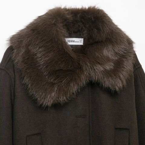 Women's Faux Fur Collar Woolen Style Coat Deep Brown Mid-Length Outerwear With Tie Belt Casual Elegant Winter Jacket