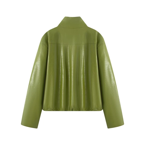 Damen Avocadogrün PU Lederjacke und Schlauch Minikleid Set Casual Einfarbig Lockerer Street Fashion Outfit