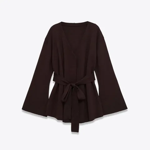Women Fashion Knitted Cardigan V Neck Bell Sleeve Long Sleeve Knit Outerwear With Belt Solid Color Casual Sweater Jacket