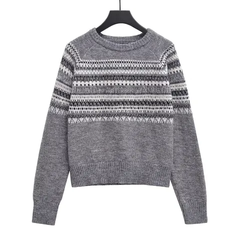 Jersey de Punto Fair Isle Casual para Mujer Cuello Redondo Manga Larga Patrón Geométrico Vintage Gris Pullover Holgado
