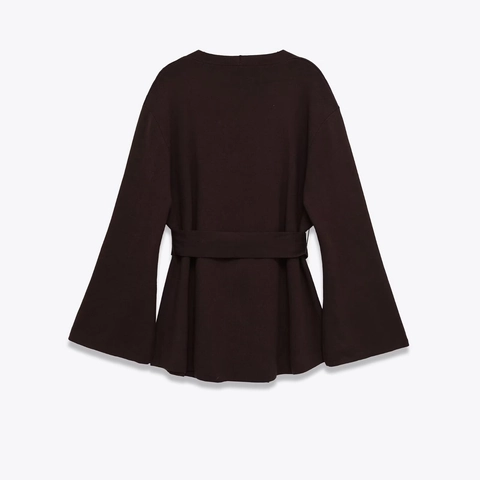 Women Fashion Knitted Cardigan V Neck Bell Sleeve Long Sleeve Knit Outerwear With Belt Solid Color Casual Sweater Jacket