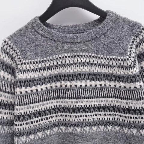 Jersey de Punto Fair Isle Casual para Mujer Cuello Redondo Manga Larga Patrón Geométrico Vintage Gris Pullover Holgado