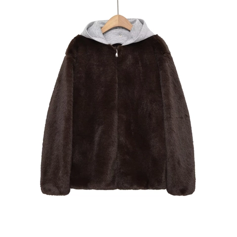Giacca da Donna in Pelliccia Sintetica Con Cappuccio Colore a Contrasto Cerniera Cappotto Corto Caldo Inverno Streetwear