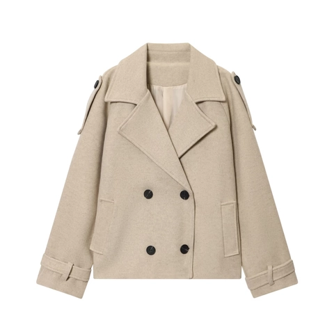 Dames Mode Double Breasted Jas in Wollook Elegante Revers Korte Jas Met Schouderstukken Effen Kleur Herfst Bovenkleding