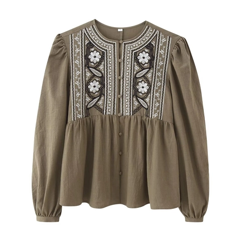 Women Vintage Olive Green Embroidery Blouse Round Neck Puff Sleeve Casual Floral Ethnic Boho Shirt Elegant Ladies Top