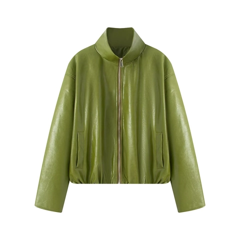 Set in Pelle PU Donna Verde Avocado Giacca con Cerniera e Collo Alto e Mini Abito a Fascia Bodycon Outfit Streetwear
