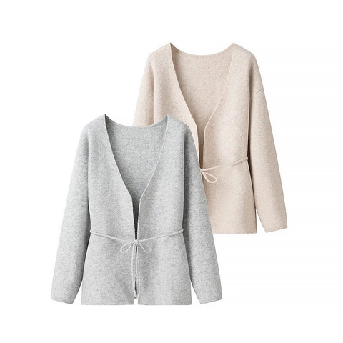 Damen Elegant Einfarbig Strickjacke Locker Langarm V-Ausschnitt Schnürung Gürtel Strickoberteil Herbst Winter Casual Weiche Strickmode