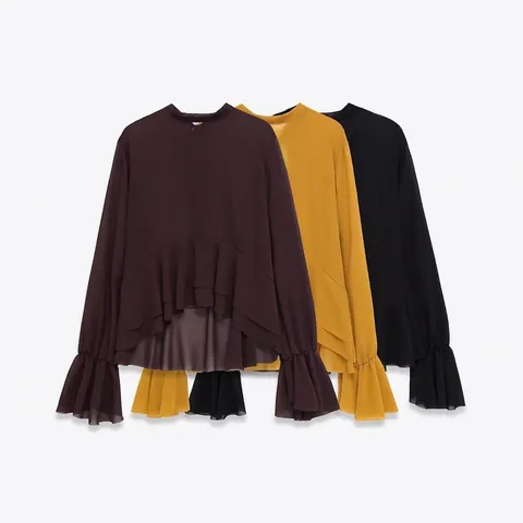 Women's Elegant Ruffle Chiffon Blouse Bow Tie Neck Long Flare Sleeve Layered Hem Solid Color Casual Office Shirt Top