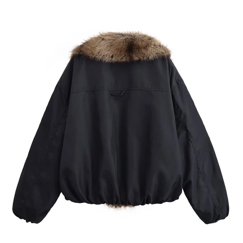 Women Fashion Loose Faux Fur Collar Bomber Jacket Warm Winter Coat With Zipper Black Long Sleeve Padded Outwear For Lady